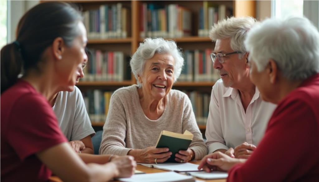 Grupo de personas mayores en un club de lectura