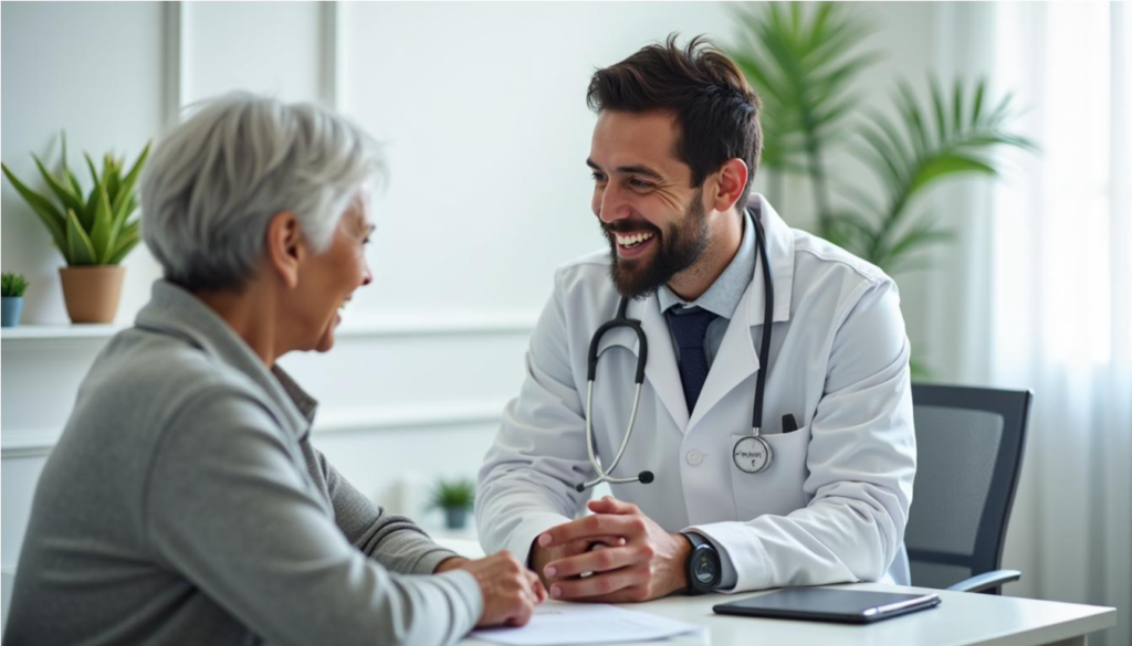 Médica conversando amablemente con una mujer mayor en un consultorio luminoso