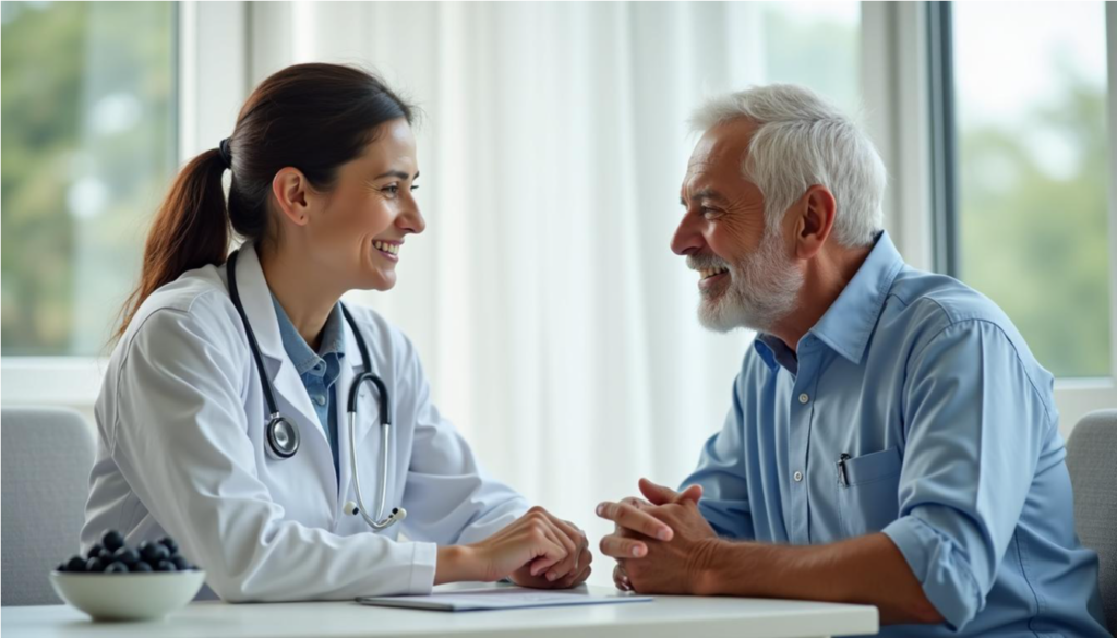 Adulto mayor latino conversando con su médica en una consulta amable, con arándanos sobre la mesa