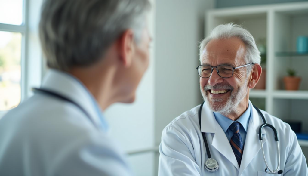 Hombre mayor conversando con una doctora amable en un consultorio luminoso