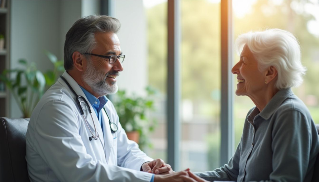 Médico escuchando con atención a una paciente mayor