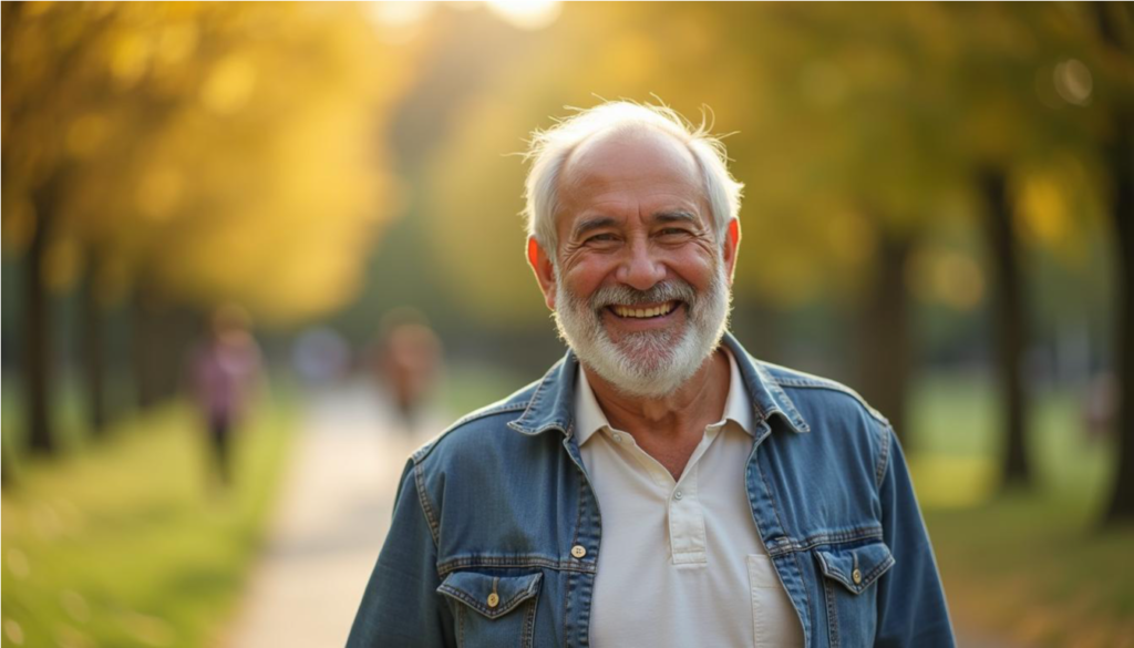 Hombre mayor caminando con energía en un parque soleado