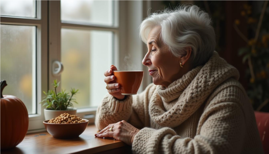 Mujer mayor tomando té caliente junto a la ventana con un bol de semillas