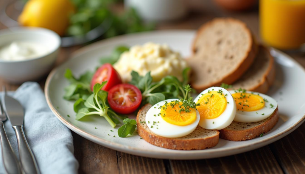 Desayuno con huevos cocidos, yogur natural, queso fresco y pan integral sobre una mesa de cocina