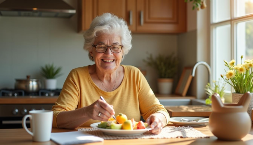 Mujer mayor desayunando queso cottage con fruta en una cocina soleada
