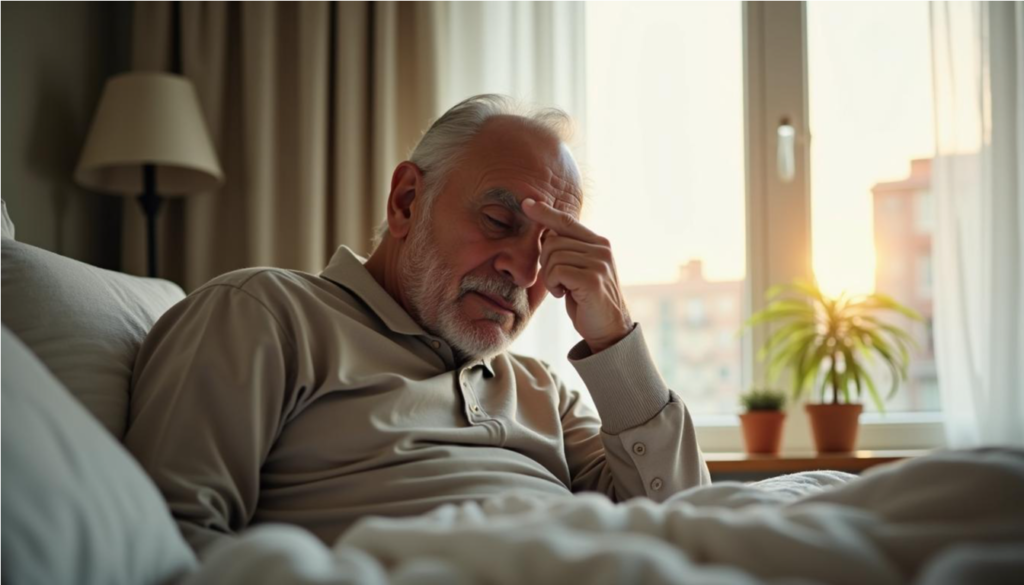 Adulto mayor despierta con los ojos secos y se frota un ojo con suavidad