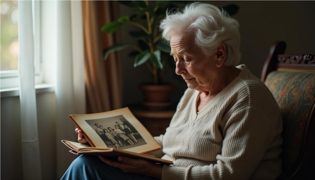 Mujer mayor mirando con cariño un álbum de fotos familiar