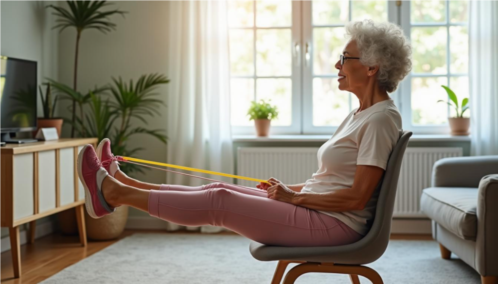 Mujer mayor hace ejercicio de fuerza levantándose de una silla