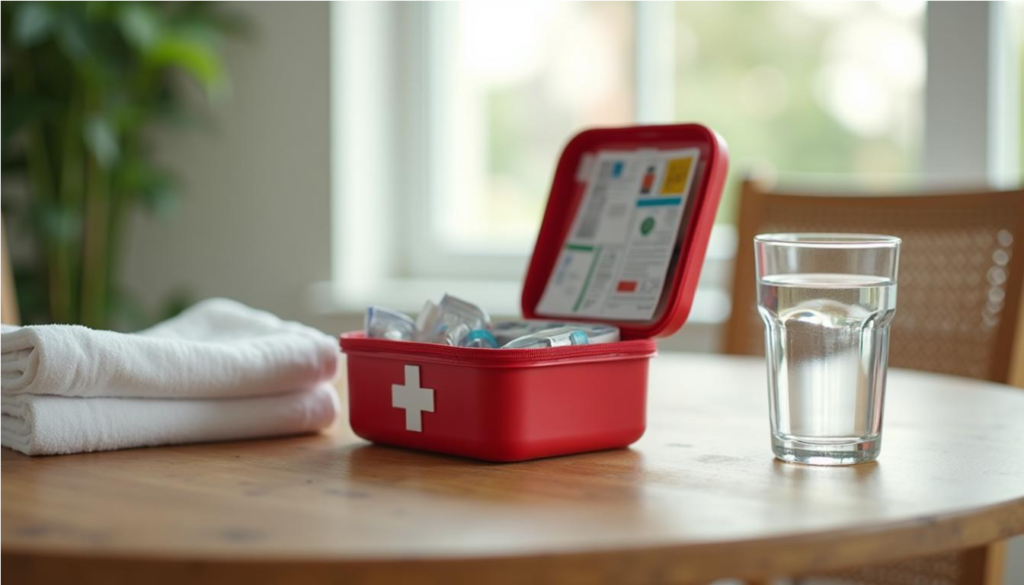 Botiquín abierto sobre una mesa de madera con toalla y vaso de agua