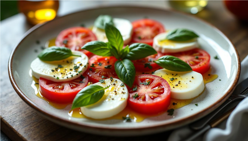 Ensalada caprese con tomate, mozzarella, albahaca y aceite de oliva