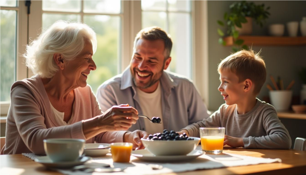 Familia latina de tres generaciones compartiendo un desayuno con arándanos