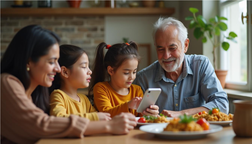 Familia de varias generaciones resolviendo dudas sobre tecnología