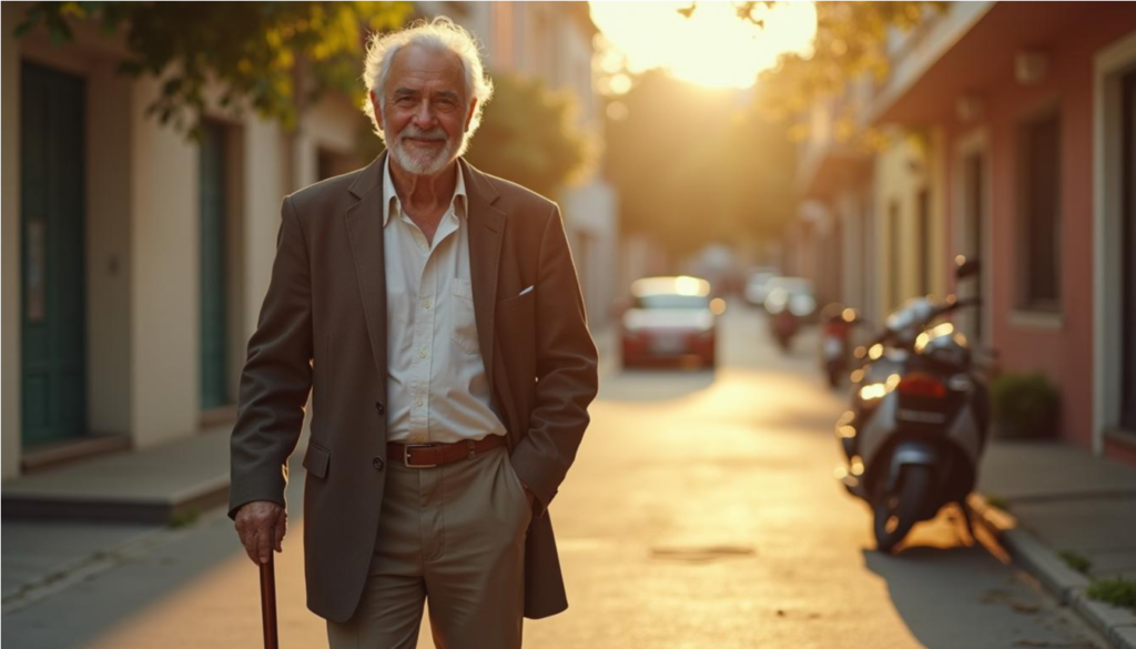 Hombre mayor caminando con orgullo con su bastón