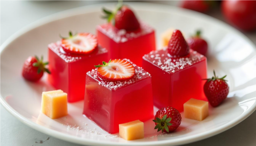 Gomitas caseras de gelatina con trozos de fresa y melón