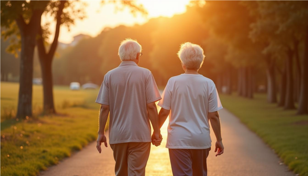 Pareja de adultos mayores caminando al atardecer después de cenar temprano