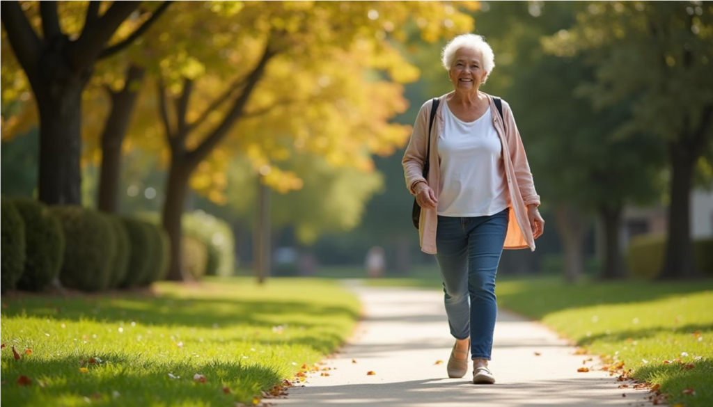 Mujer mayor caminando por el parque con calzado cómodo