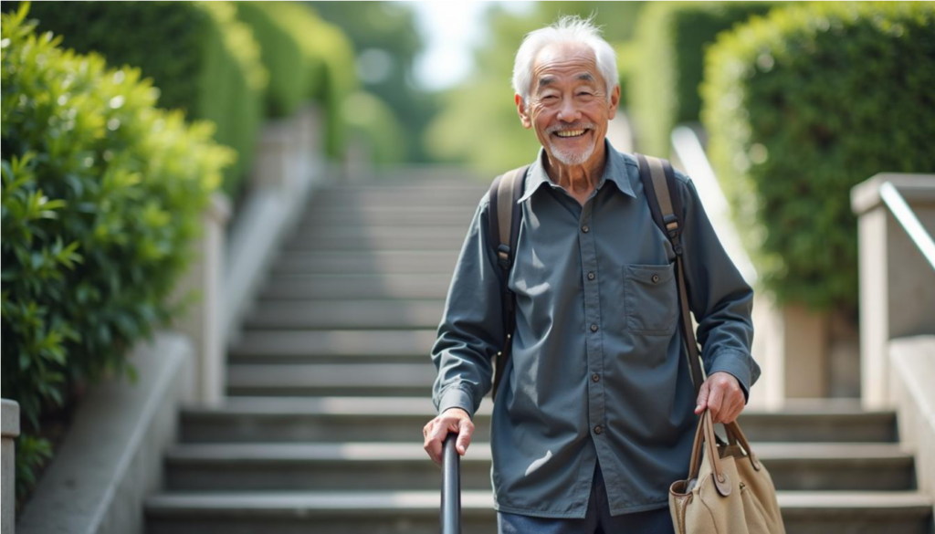 Hombre mayor subiendo escaleras al aire libre con una sonrisa