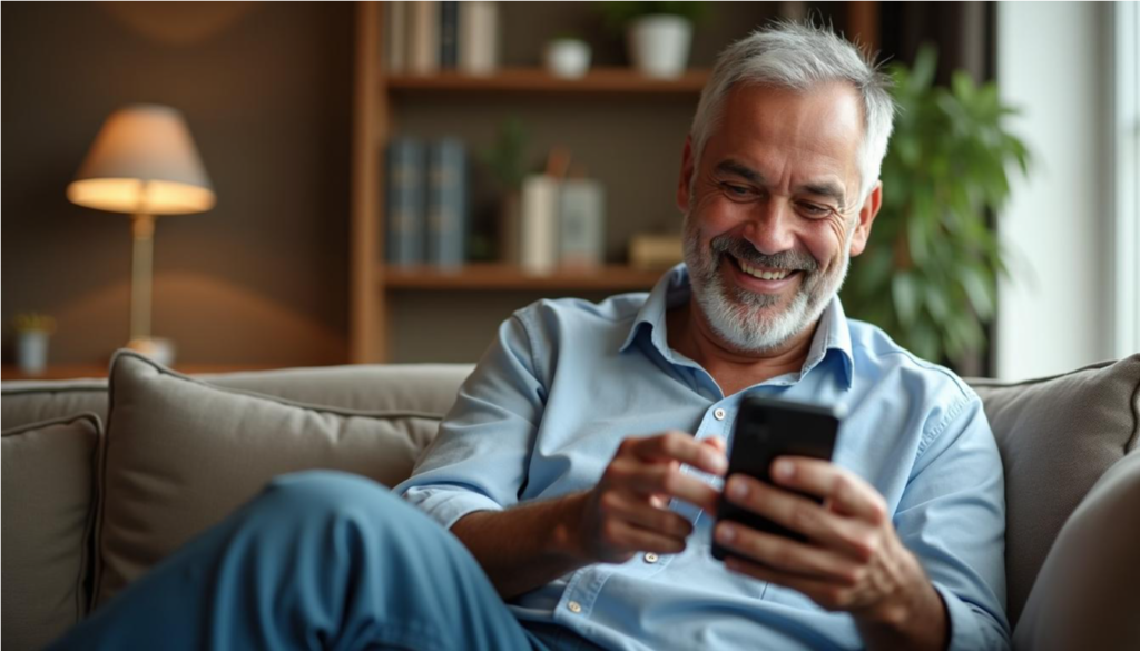 Hombre mayor dictando un mensaje de texto a su celular