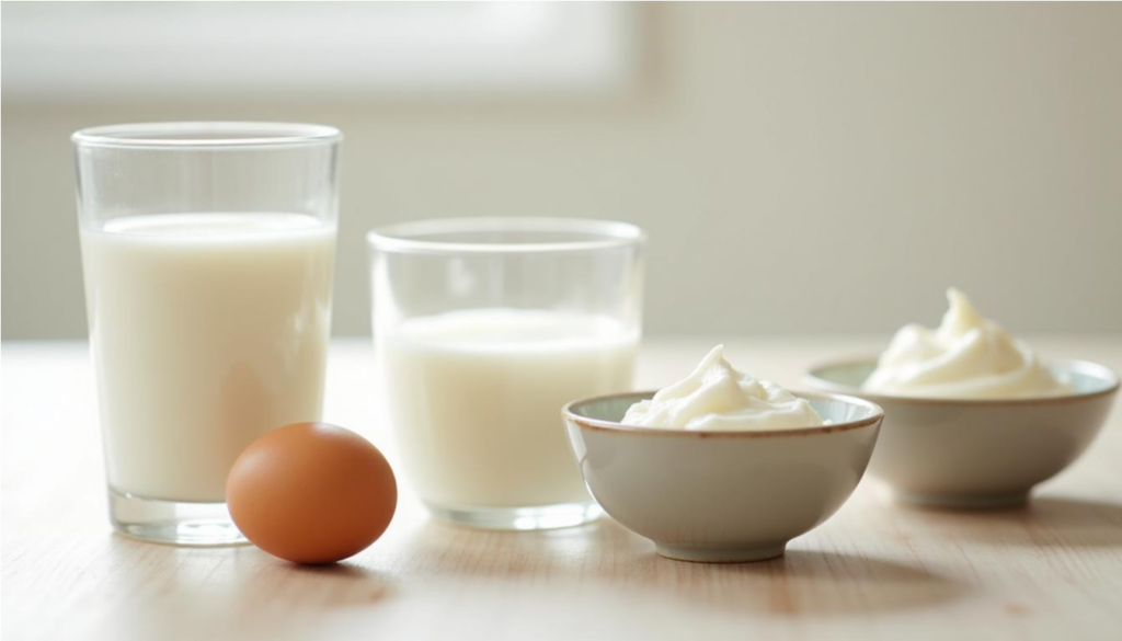 bebidas con proteína para adultos mayores: Un huevo junto a un vaso de leche, kéfir y yogur griego para comparar su proteína