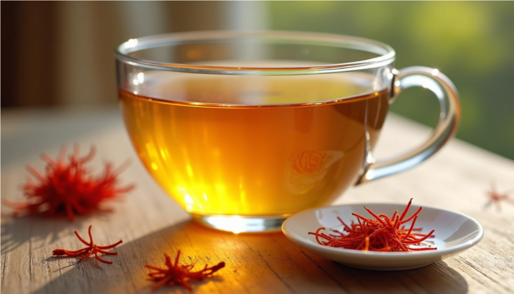 Infusión de azafrán en taza de vidrio junto a unas pocas hebras