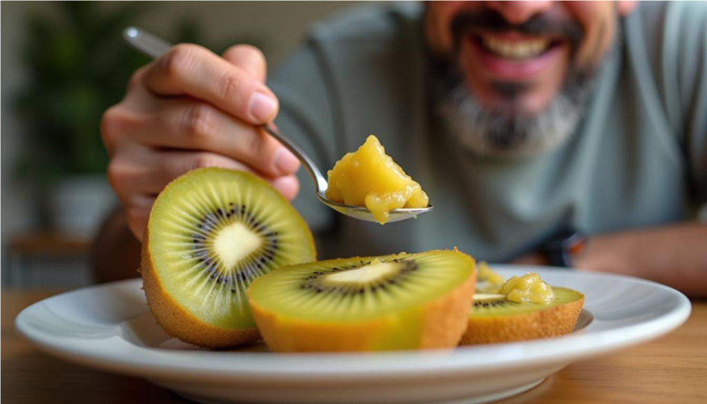 Hombre mayor come un kiwi amarillo con cuchara en el desayuno