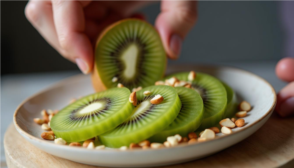 Rodajas de kiwi con almendras tostadas, uno de los alimentos para producir colágeno