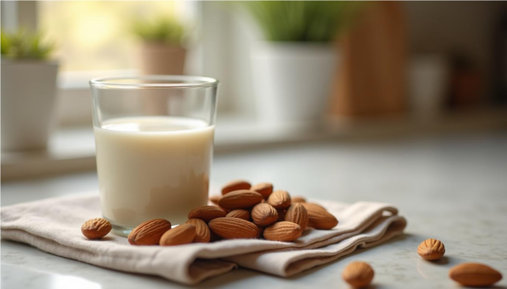 Vaso pequeño de leche de almendras tibia junto a almendras enteras