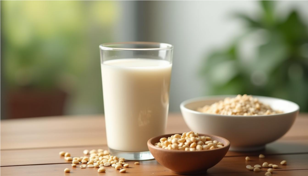 Vaso de leche de soja con un tazón de soja y avena sobre la mesa
