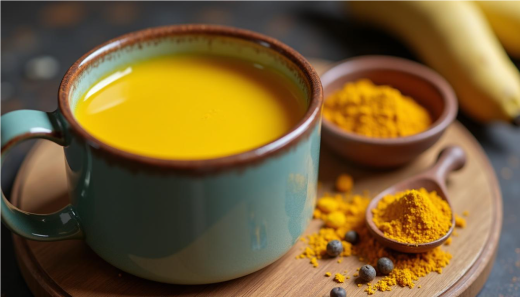 Taza de leche dorada de cúrcuma con pimienta negra sobre la mesa de la cocina