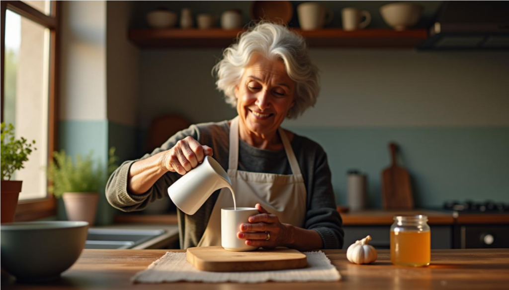 Mujer mayor sirviendo leche tibia con ajo y miel en la cocina