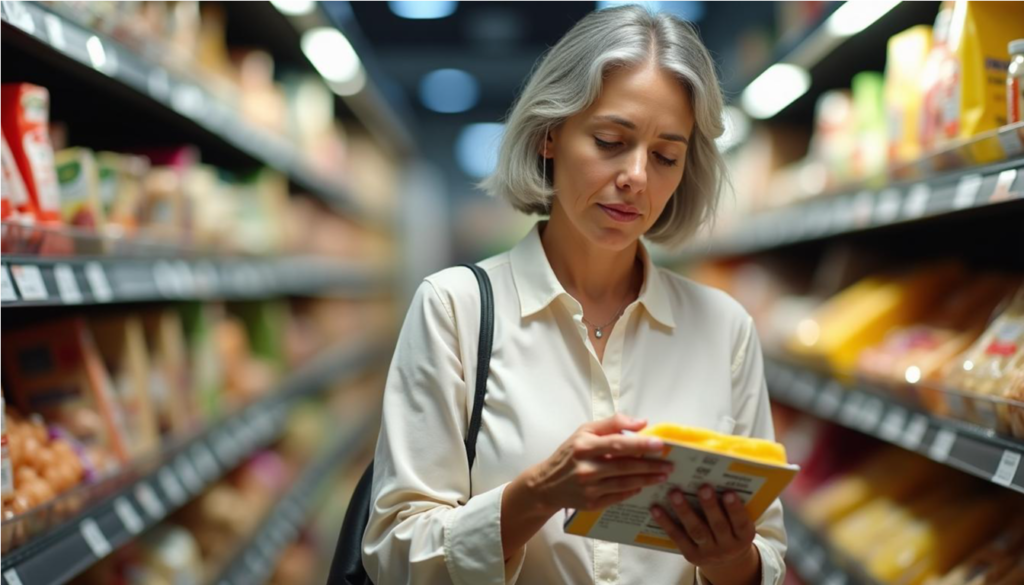 Mujer mayor leyendo la etiqueta de un queso en el supermercado