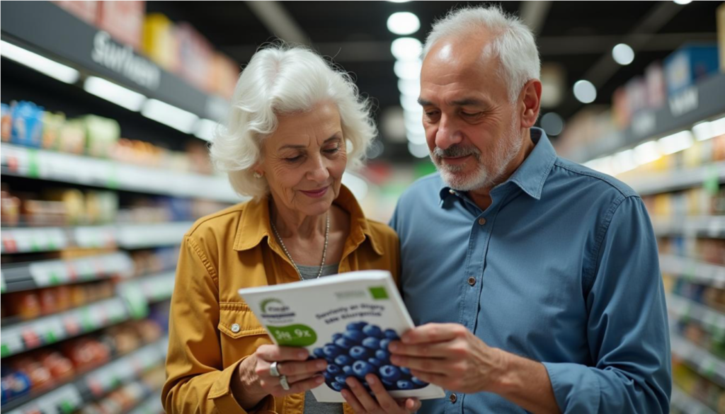 Pareja mayor latina leyendo una etiqueta de arándanos congelados en el supermercado