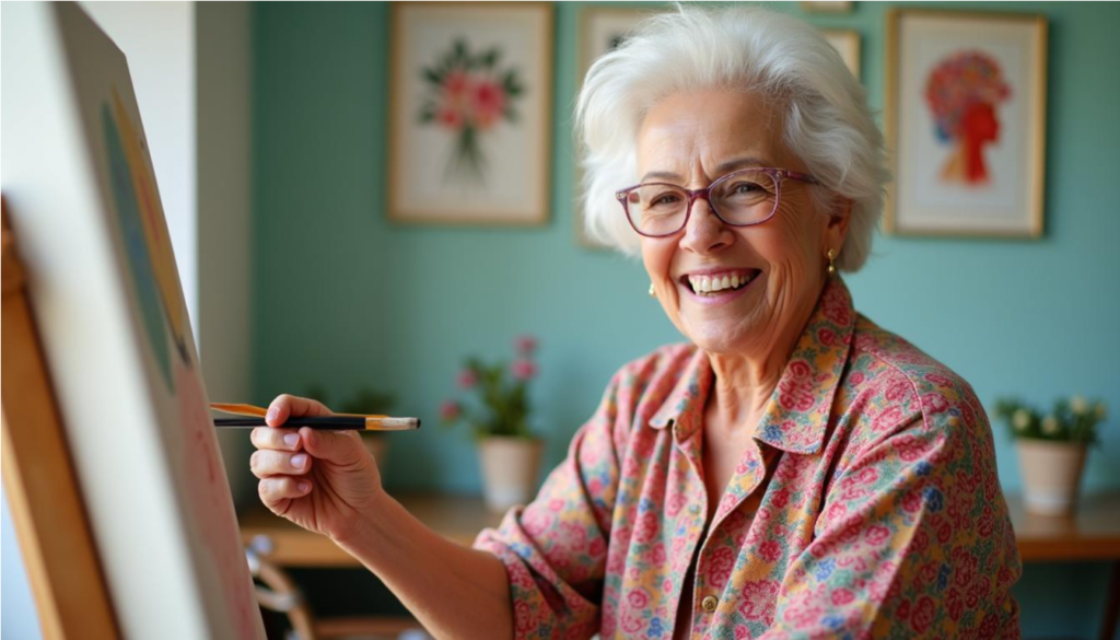 Mujer mayor con ropa colorida pintando un cuadro en su estudio