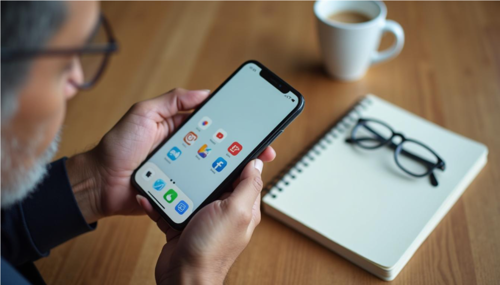 Mano mayor sosteniendo un celular con pocas aplicaciones en la pantalla