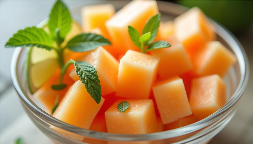 Cubos de melón con hojas de menta y limón en un tazón de vidrio