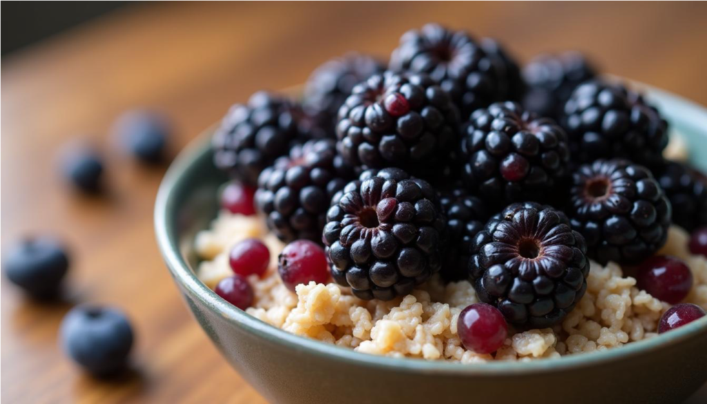 Moras frescas sobre un plato de avena