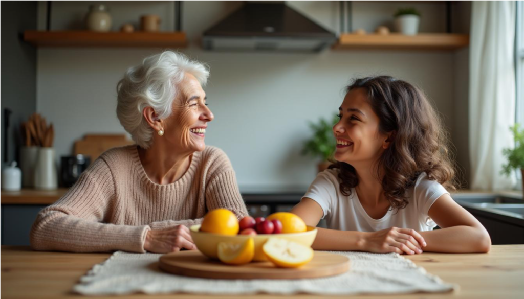 Abuela y nieta conversando en la cocina con un plato de queso y fruta