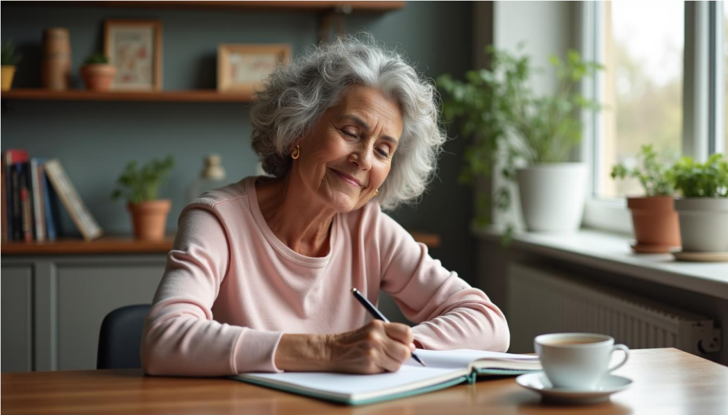 Mujer mayor anotando sus dudas sobre hábitos saludables en un cuaderno, con una taza de té