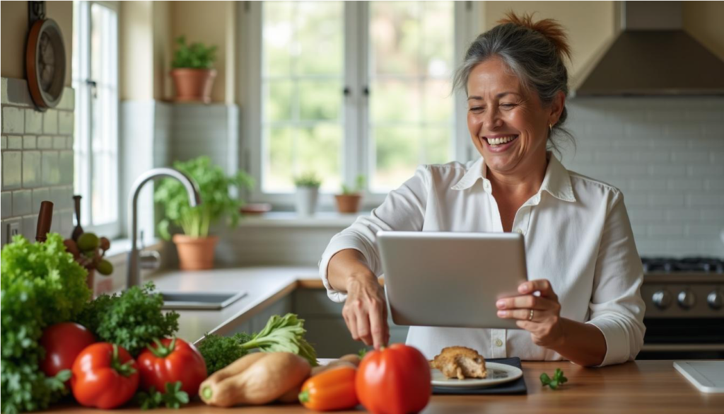 Mujer mayor cocinando con verduras frescas y una tablet en la cocina