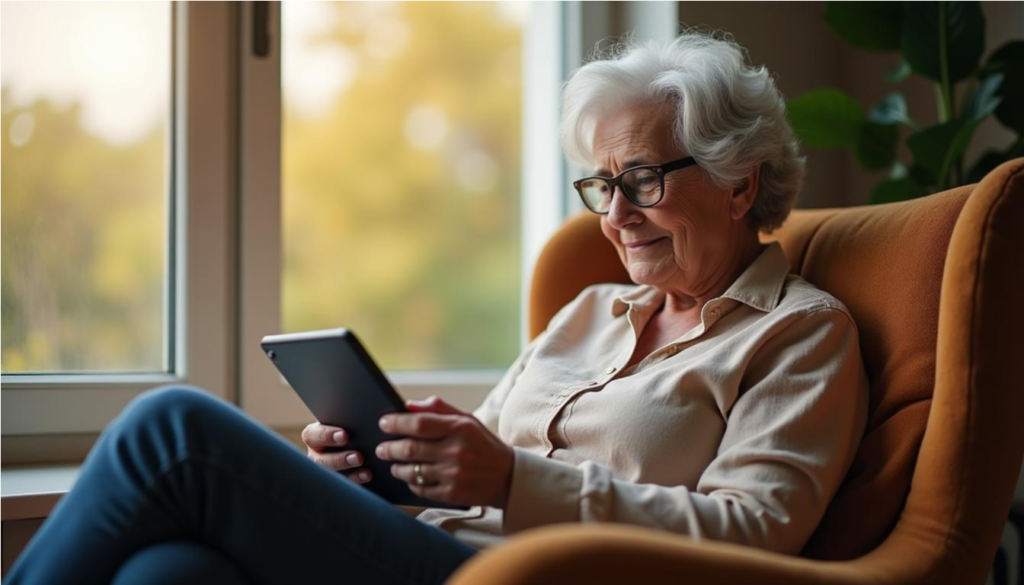 Mujer mayor explorando ideas de viaje en una tablet junto a la ventana