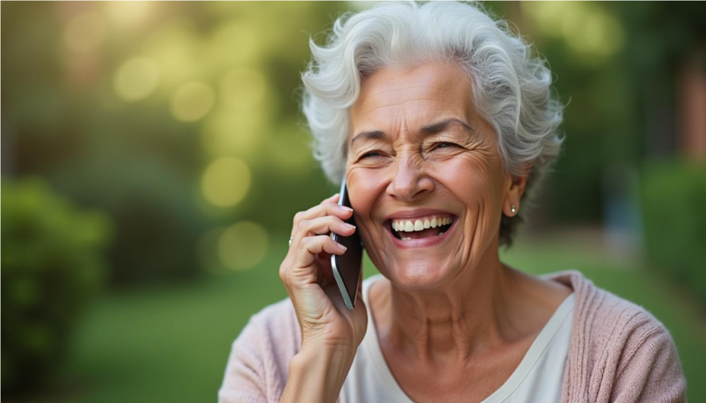 Mujer mayor hablando feliz por teléfono en su jardín