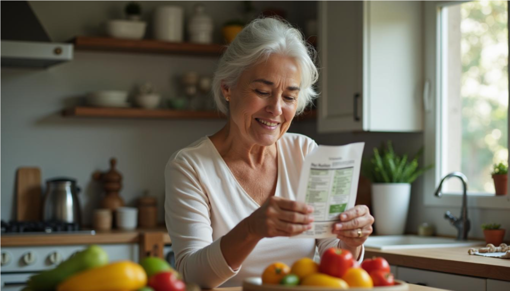 Mujer mayor leyendo con calma la etiqueta nutricional de un producto