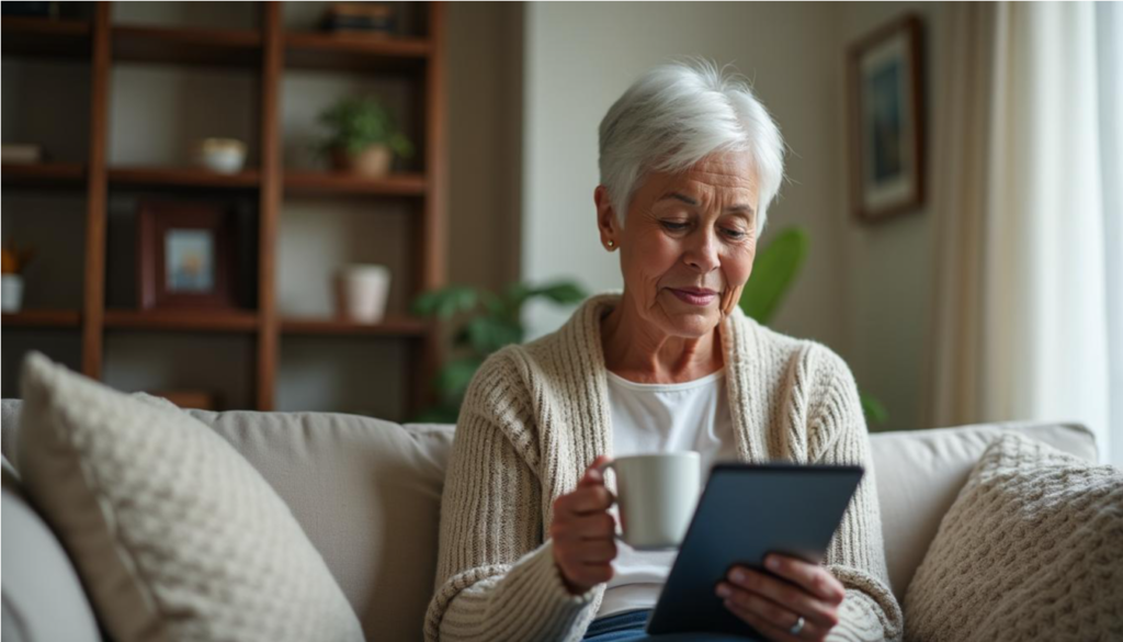 Mujer mayor haciendo una pausa con una taza de té junto a su tablet