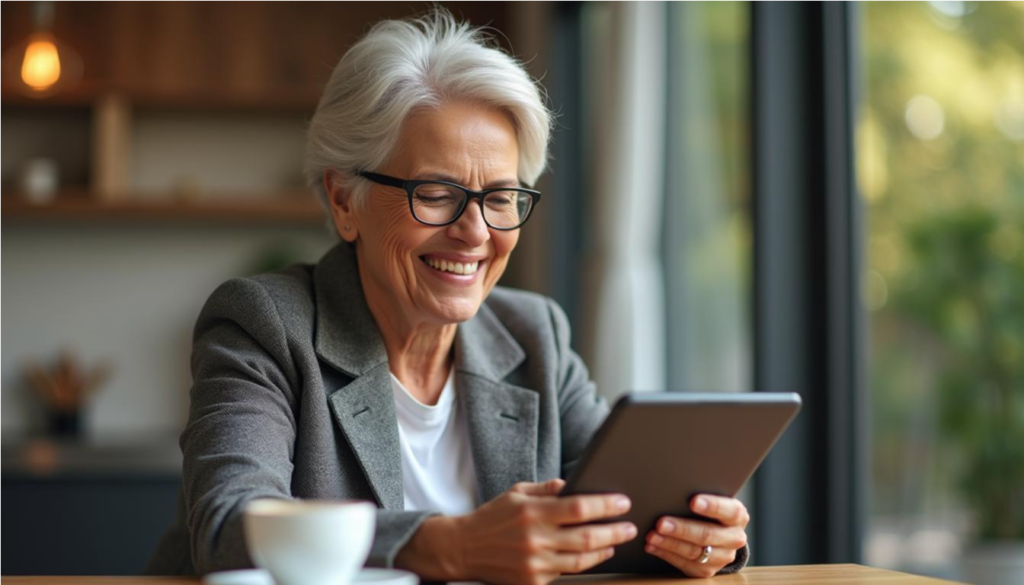Mujer mayor riendo mientras prueba una tablet por primera vez