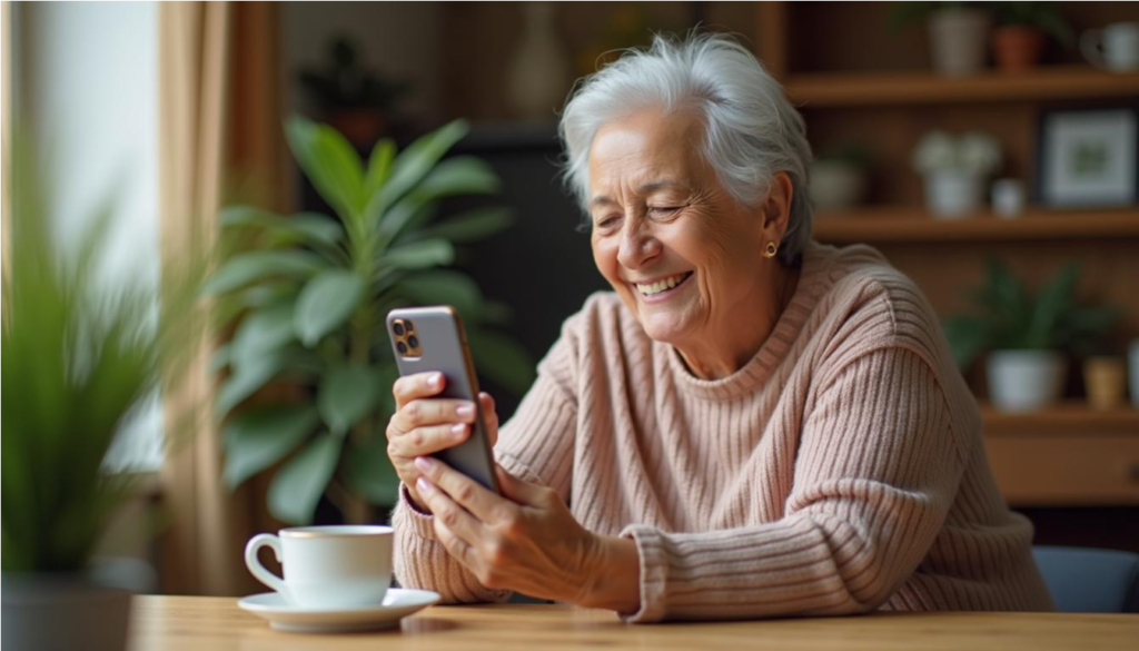 Mujer mayor riendo mientras prueba su celular por primera vez