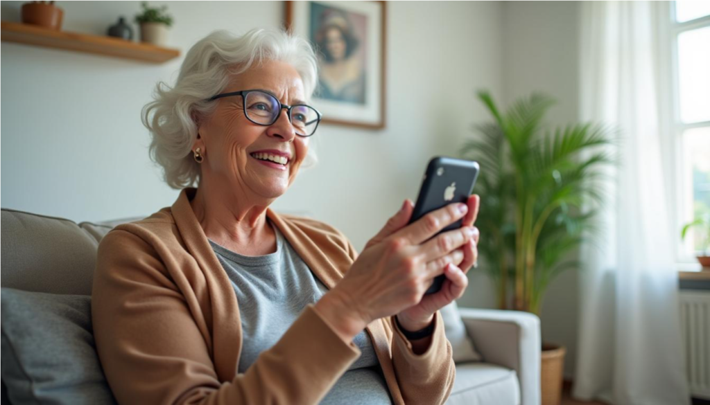 Mujer mayor sonriendo mientras usa su celular en la sala