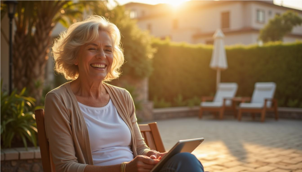 Mujer mayor sonriendo con su tablet en una terraza soleada