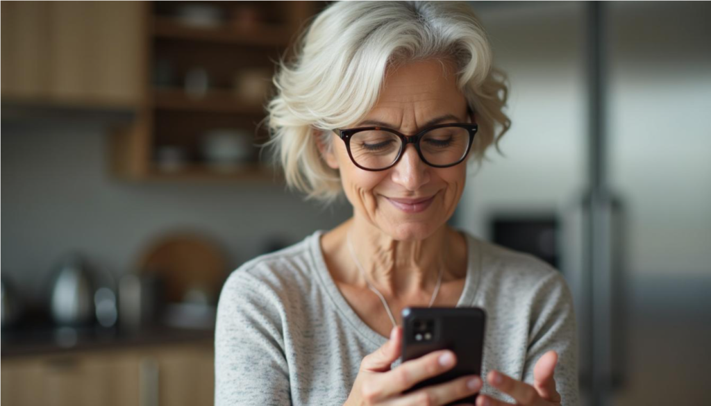 Mujer mayor usando la lupa de su celular para leer una etiqueta