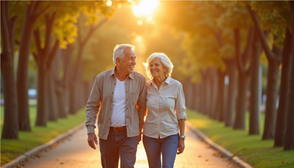 Pareja de adultos mayores caminando sonrientes por un sendero con árboles
