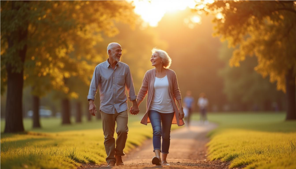 Pareja mayor camina feliz por un parque al atardecer